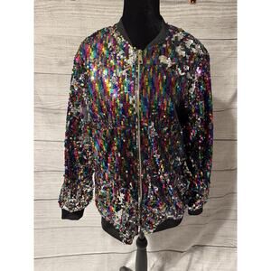 Women’s Cresay Sequin Bomber Jacket Full Zip Long Sleeves Size Large EUC